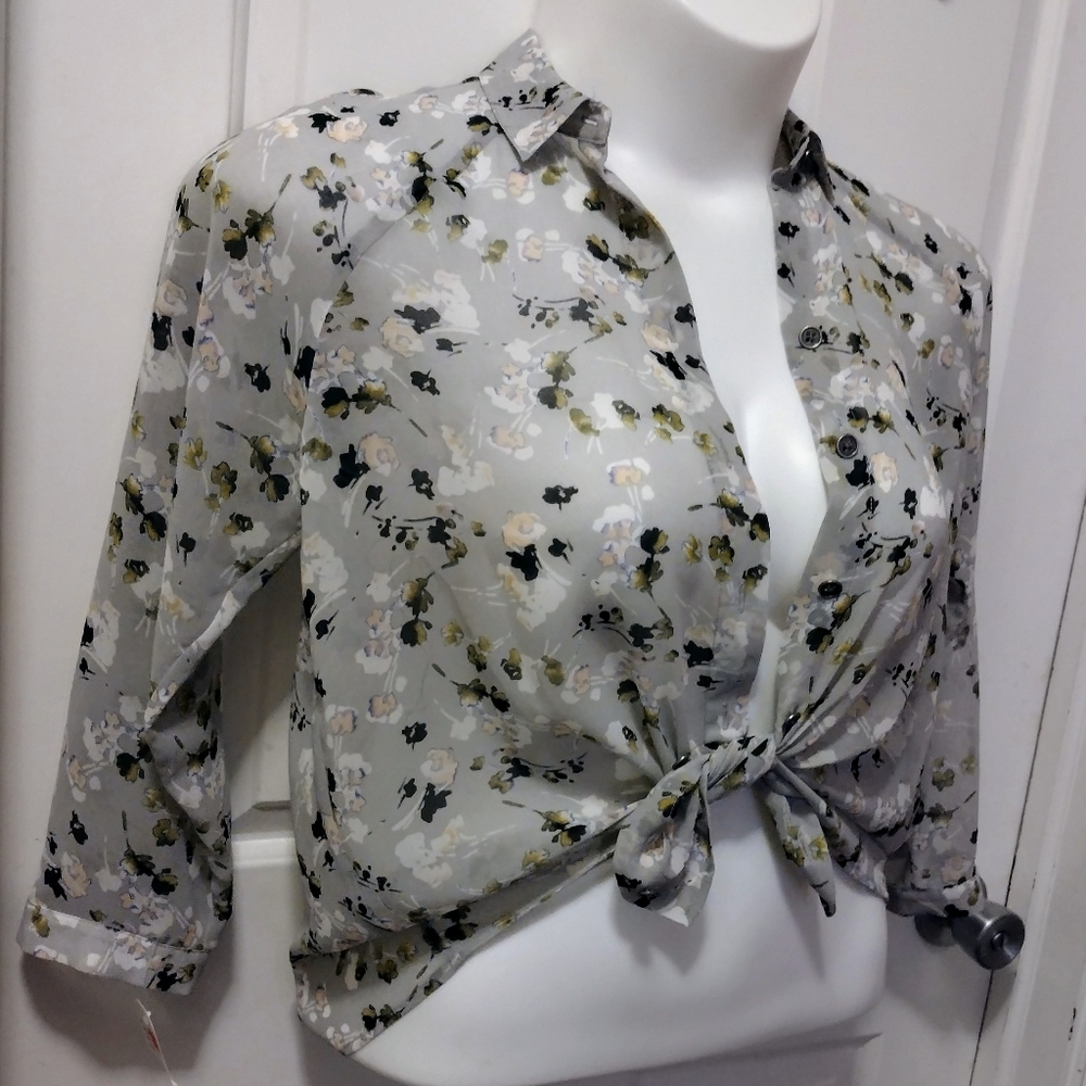 Cabi Tops Womens Gray Floral 3/4 Sleeve Casual Chiffon Button-Up Shirt Sz M